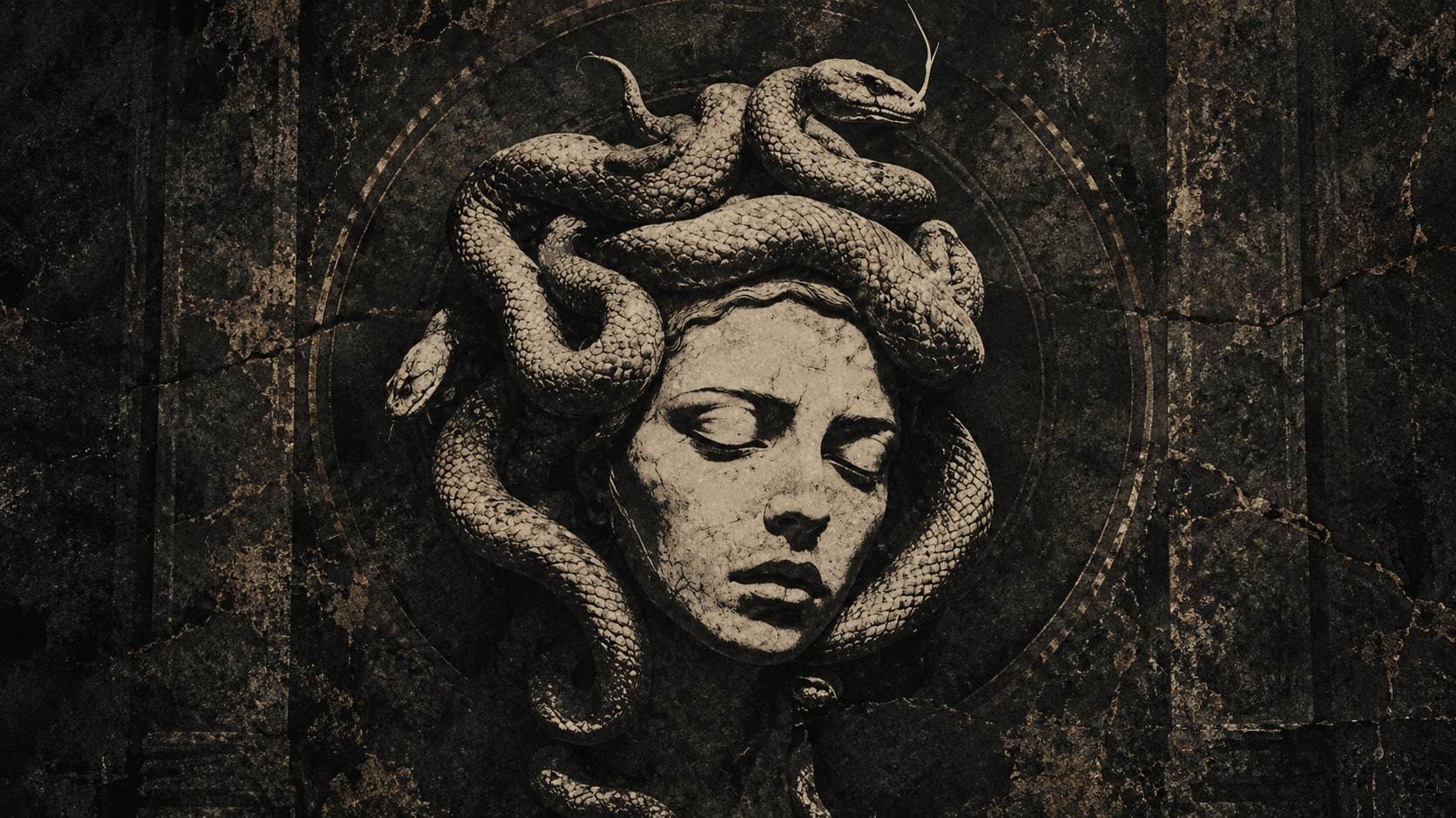 A weathered stone relief of the Gorgon: a solemn face with closed eyes, serpents coiled through her hair, set within faint concentric rings of aged gold.