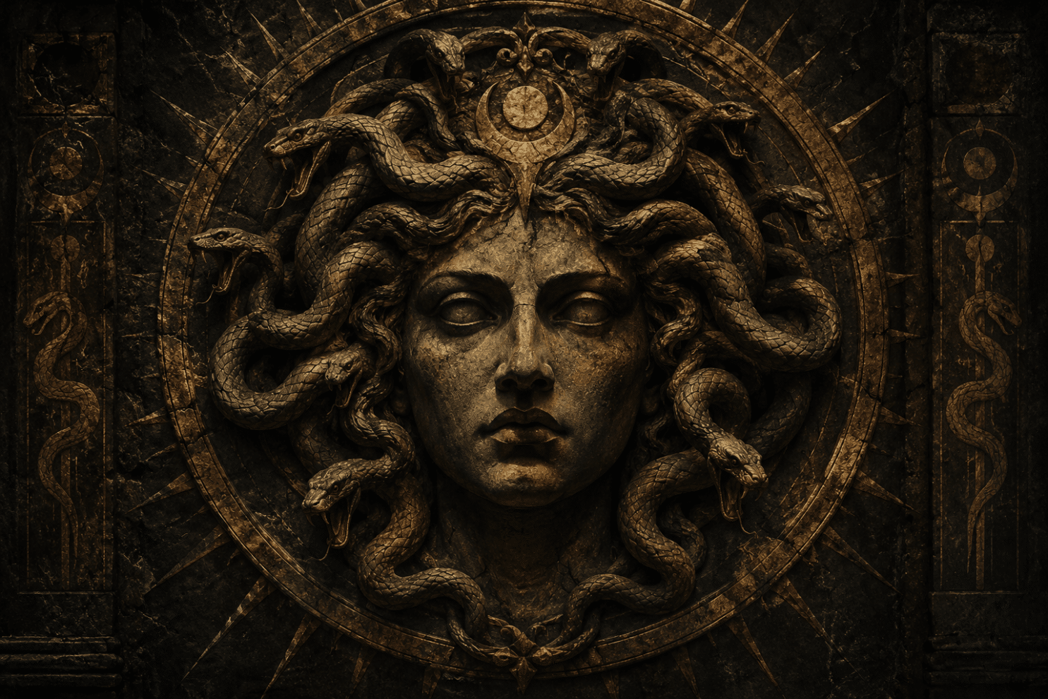 Carved stone relief of Medusa with serpents coiling through her hair beneath a crescent motif